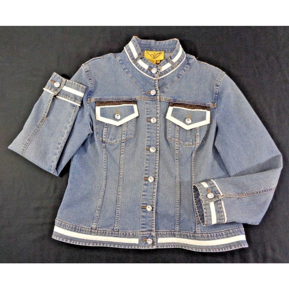 Vintage 1990s V Denim Jean Jacket w Leather & Crystal Accents Women XLarge
